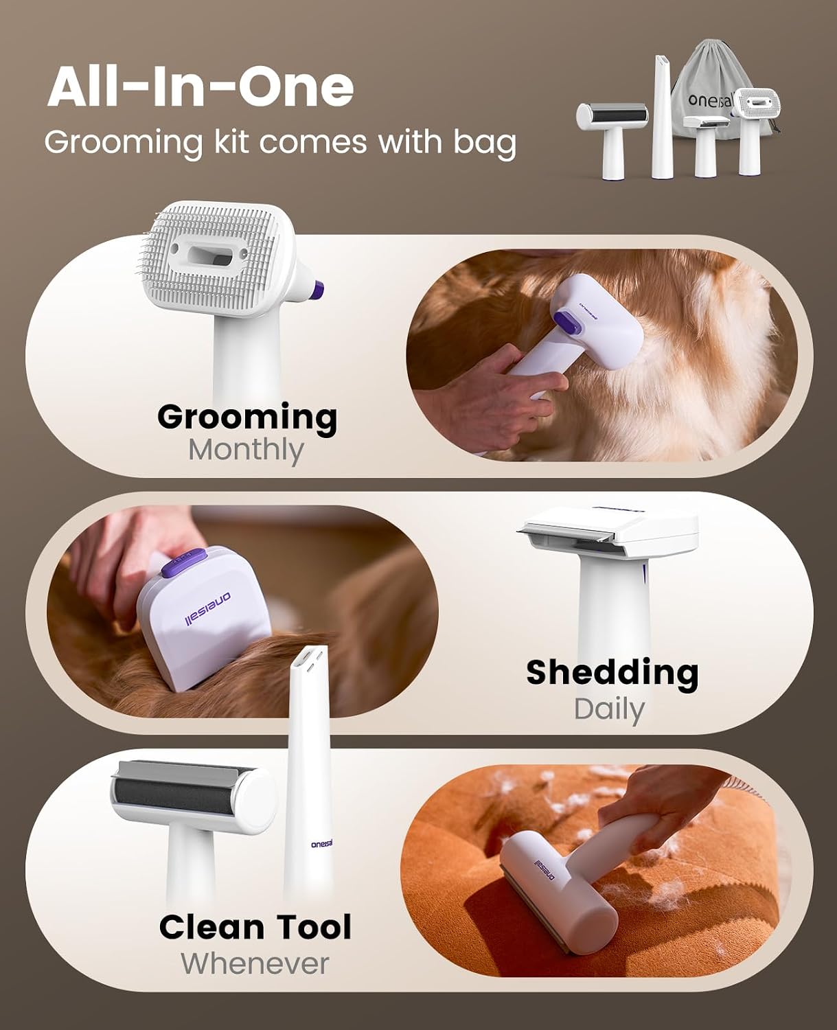 oneisall Dog Hair Vacuum Shedd - огляд і ціна Pet Grooming Vacuum Suction Kit 5 In 1
